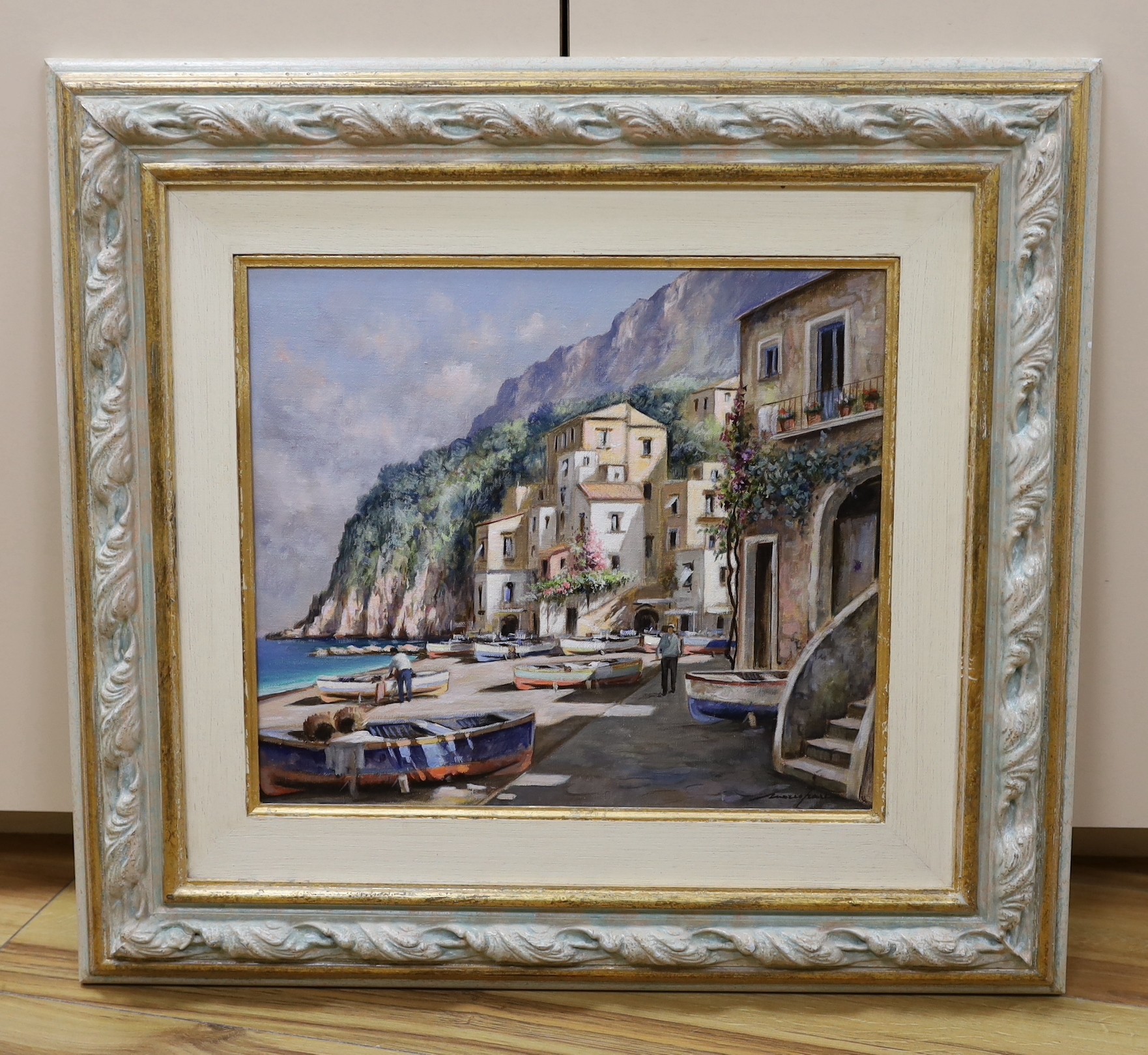 Italian School, oil on canvas, Coastal scene, indistinctly signed, 34 x 39cm